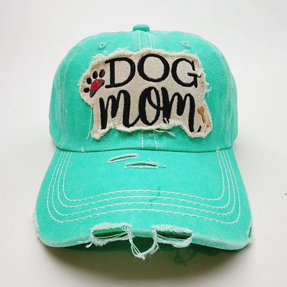 Dog Mom Distressed Relaxed Cotton Buckle Strap Full Cover Baseball Hat Cap Green